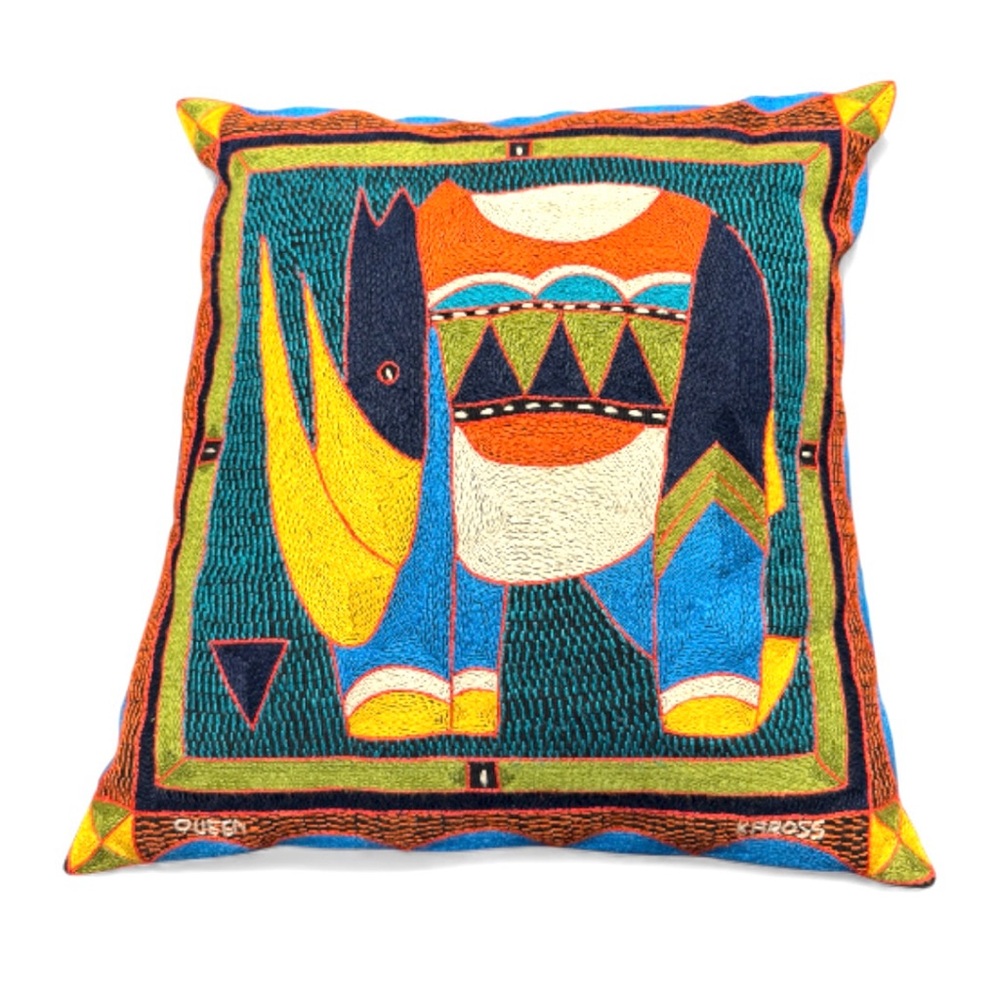 Kaross Hand Embroidered Colorful Rhino Decorative Pillow 18”x18.5”
